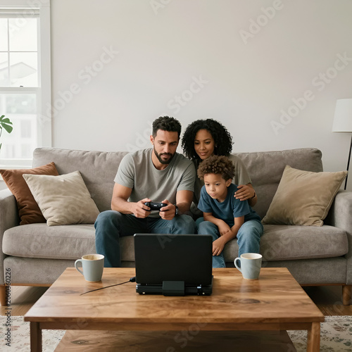 family watching tv on sofa