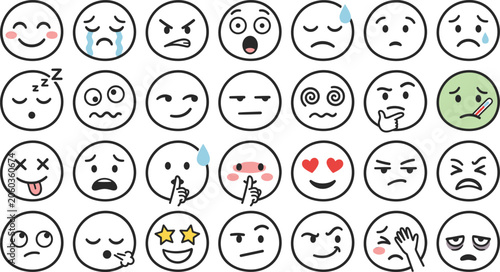 Emoji Face Expression Vector Set Featuring Happy, Sad, Angry, Surprised, Sick, Love, and Funny Emoticon Characters for Digital Communication