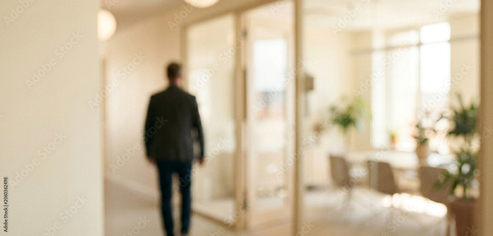 Fototapeta premium A blurred image of a man walking towards a well-lit office. The background features plants and a modern conference room, creating a professional atmosphere.