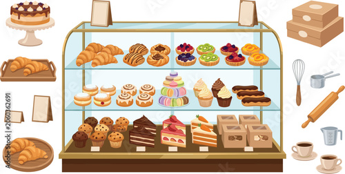 Quadro su tela Bakery Display Case with Pastries Cakes Croissants Muffins and Sweet Desserts Ve