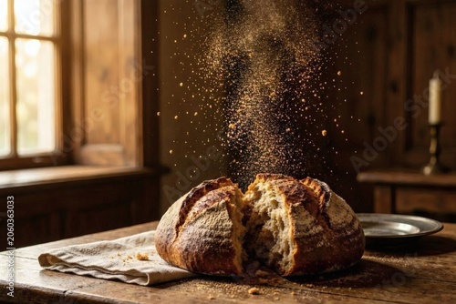 Miraculous Multiplication Scene dramatic portrayal of a loaf releasing radiant fragments that suggest multiplication and divine provision, suited for theological articles 
