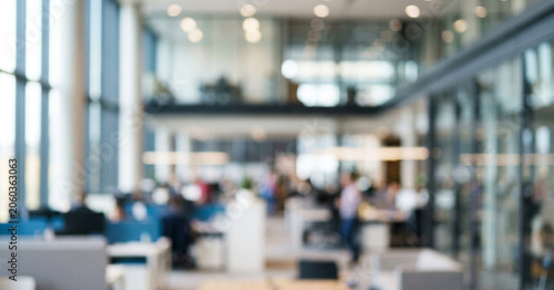 A blurred view of a modern office space with multiple workstations, showcasing an open layout and large windows that let in natural light.