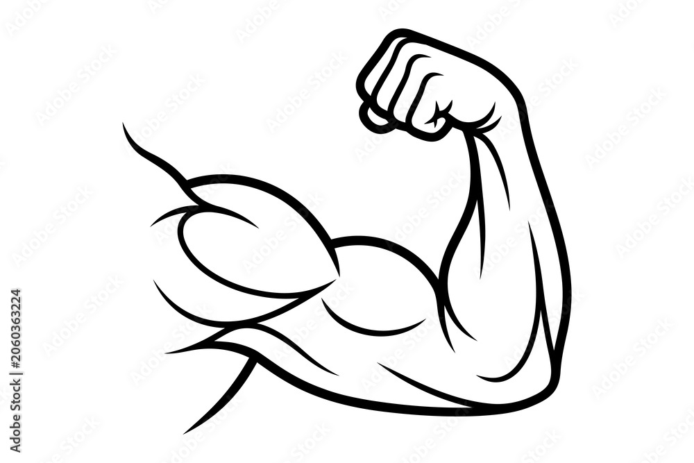 Fototapeta premium Muscular arm flexing bicep with clenched fist and raised elbow strongly muscularity