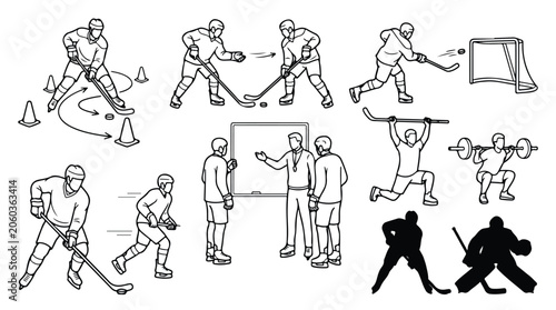 Photography Ice hockey training icons and player silhouettes, professional hockey coaching d