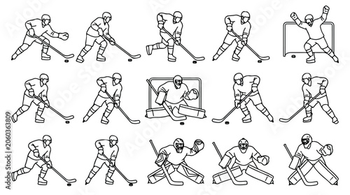 Photography Ice hockey player line icons set, professional hockey athlete silhouettes in act