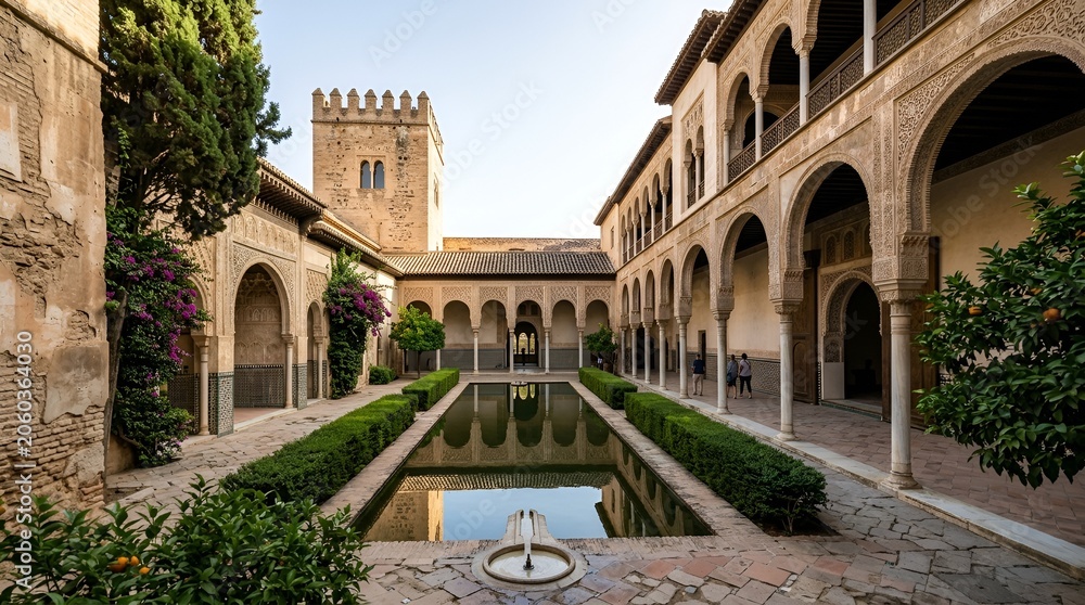 Fototapeta premium Alhambra Palace courtyard with reflecting pool and towers, Granada, Spain