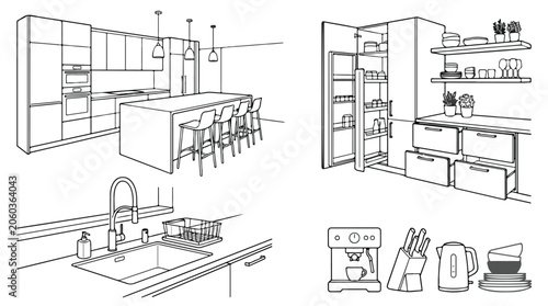 Tableau sur toile Modern kitchen interior line art vector set, minimalist home furniture and appli