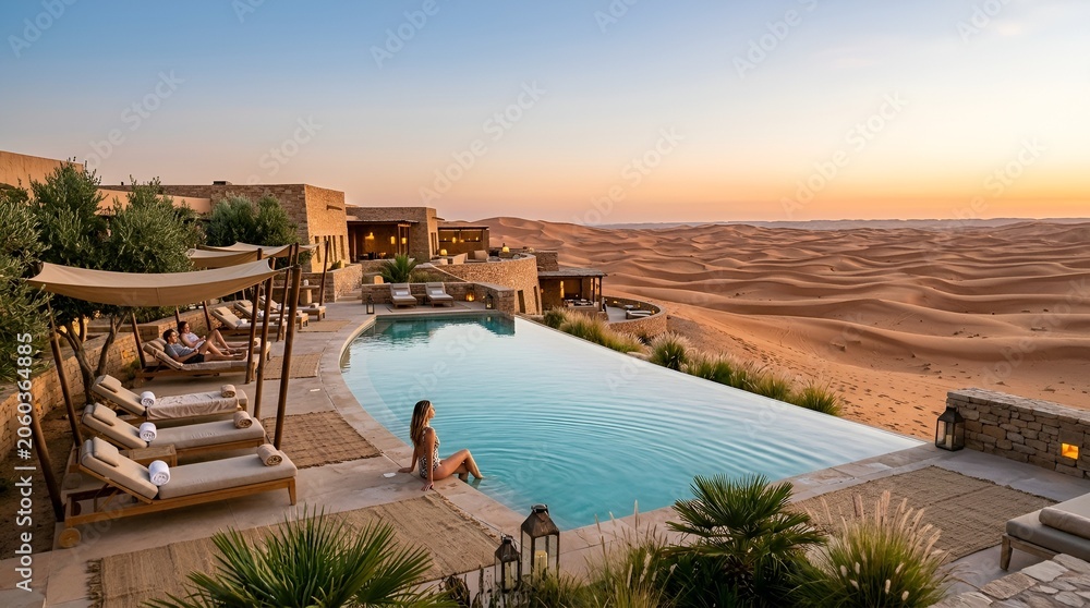 Fototapeta premium Desert Oasis Infinity Pool at Sunset with Woman and Dunes