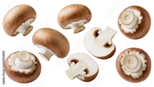 Brown cremini mushrooms whole and halved, isolated on transparent background