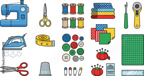 Foto Sewing and tailoring tools vector collection, dressmaking equipment set, handmad