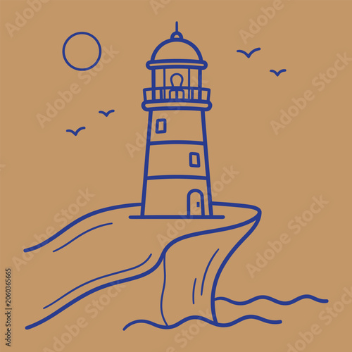 Lighthouse on cliff overlooking ocean during day with birds and sun in minimalist vector silhouette style