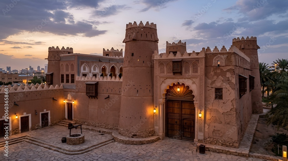 Fototapeta premium Ancient Mudbrick Fort Courtyard at Dusk with Warm Lights and Sky