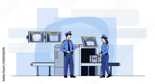 Airport Security Checkpoint with X-ray Scanner and Officers Illustration