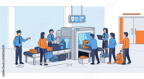 Airport Security Checkpoint with X-ray Scanner and Passengers