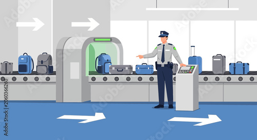 Airport Security Checkpoint with Scanner and Luggage