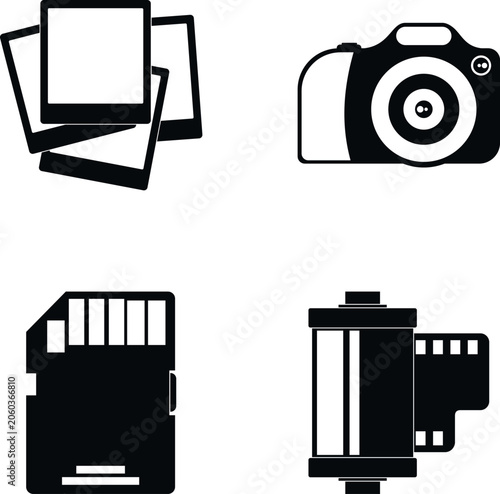 Photos Set of photography related icons including camera, frames, memory card, and film