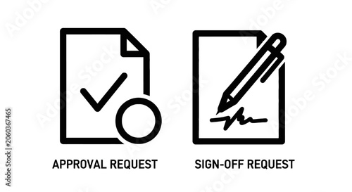 Business process icons showing document approval request and sign-off signature with document approval signature contract business management workflow