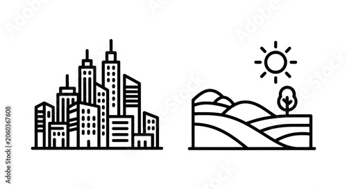 Urban city skyline silhouette and rural farm landscape scene representing comparison of environments with architecture buildings landscape countryside