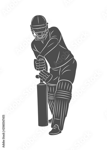 A batsman playing cricket. Silhouette of a cricket batsman. A cricketer in dynamic motion while hitting a ball with a bat. Vector illustration