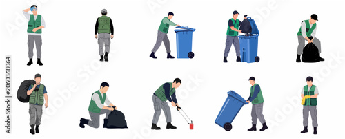 Set of flat vector illustrations featuring professional male sanitation workers and garbage collectors performing waste management tasks, isolated on white.