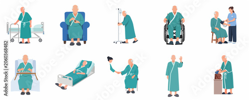 Elderly patient in hospital gown flat vector character set. Senior man undergoing medical treatment, recovering, and receiving care in a clinical setting.