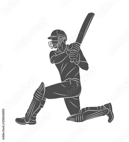 A batsman playing cricket. Silhouette of a cricket batsman. A cricketer in dynamic motion while hitting a ball with a bat. Vector illustration