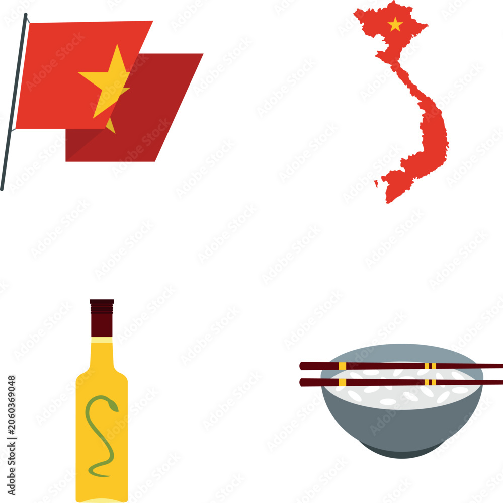 Obraz premium Vietnam travel icons set showing flag, map, snake wine, and rice bowl with chopsticks