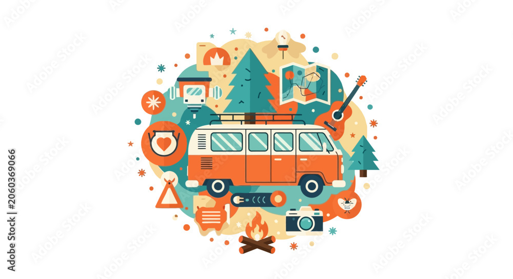 Fototapeta premium Camping and Road Trip Flat Vector Illustration with Vintage Camper Van, Campfire, Camera, and Nature Icons for Travel and Adventure Concepts