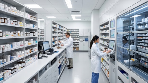Pharmacists Working in Modern Pharmacy Aisles Stocked with Medications