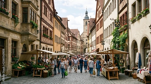 Charming German Medieval Town Street Scene with Market and Tourists