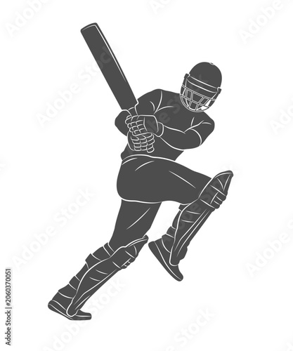 A batsman playing cricket. Silhouette of a cricket batsman. A cricketer in dynamic motion while hitting a ball with a bat. Vector illustration