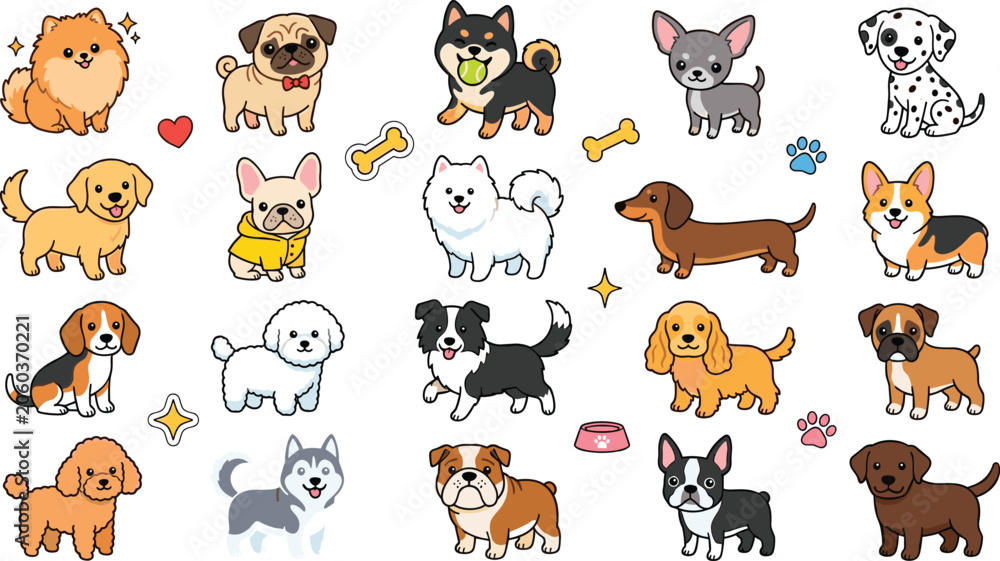 Fototapeta premium Cute Dog Breed Collection with Adorable Puppy Characters, Popular Pet Varieties, Funny Expressions, and Cartoon Canine Vector Illustrations