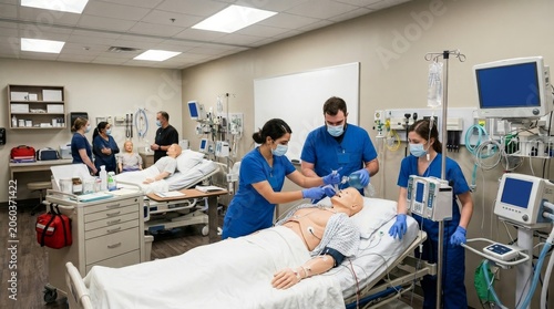 Medical Students Practicing Emergency Care in Hospital Simulation Lab