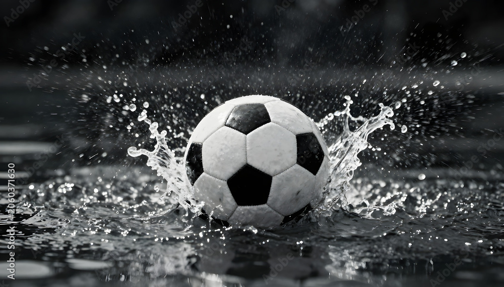 Naklejka premium A soccer ball mid-splash as it strikes the water surface, A vibrant soccer ball covered in glistening water droplets sits prominently against a striking background, created with generative ai
