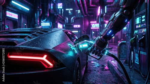 Close up robotic or high-tech gloved hand holding a glowing LED-lit fuel nozzle, refueling a black supercar. Night city bright blue and magenta neon lights, with raindrops on the car's surface