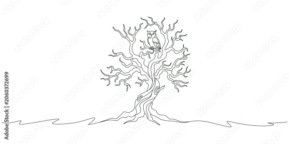 Fototapeta premium Continuous Line Drawing of an Owl in a Tree