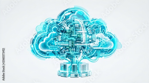 Futuristic Glowing Blue Cloud Computing Server Icon with Digital Circuits and Database Racks 3D Render