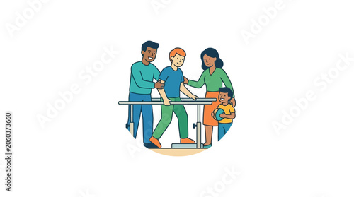 Bild auf Leinwand Family supporting son in physical therapy with parallel bars, rehabilitation, re