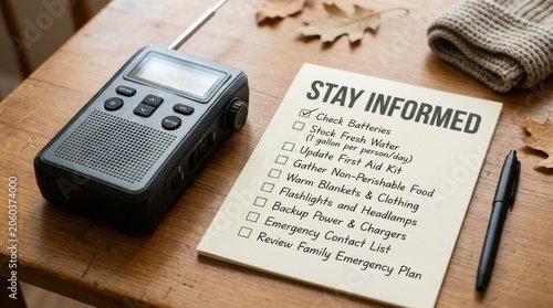 Emergency preparedness checklist with radio and pen on wooden table