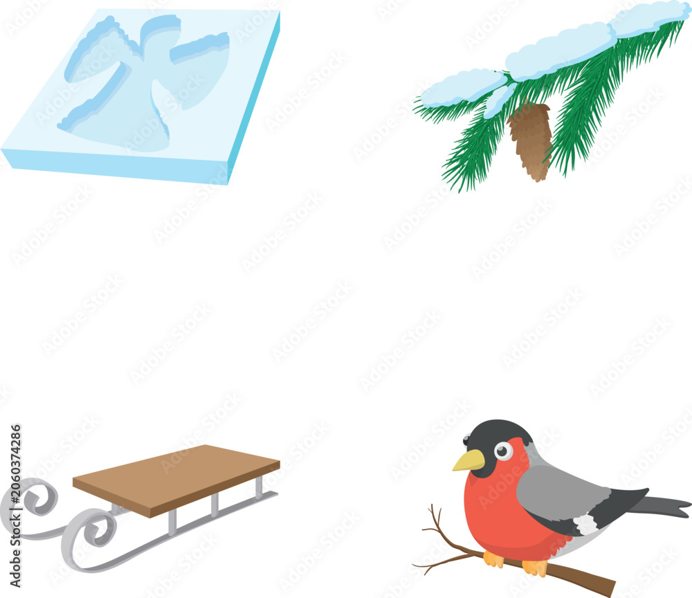 Obraz premium Winter season symbols including an angel imprint, bullfinch, snowy pine branch, and sled