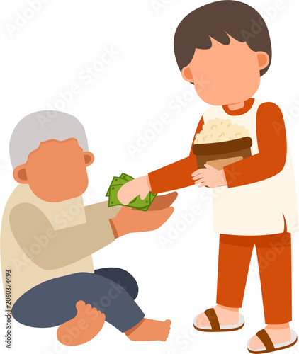 Young Person Giving Alms or Money to Elderly Person Illustration