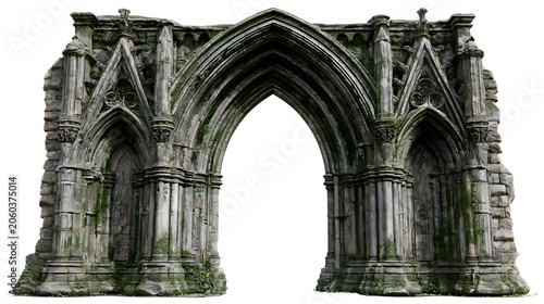 Gothic archway, weathered stone architecture with intricate carvings and moss, historical landmark, white background