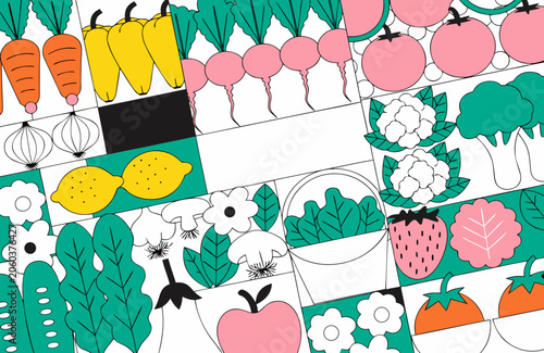 Vegetables featuring carrots and lemons arranged in a grid display this colorful pattern design, providing a creative backdrop that includes ample copy space for your custom food industry branding.