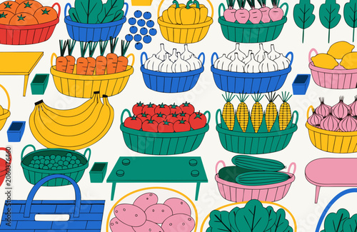 Baskets filled with fresh assorted vegetables and fruits sit on display at an outdoor market stall where shoppers can find a variety of organic produce neatly organized for sale in modern retail bins.