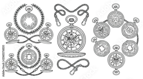 Photos Vintage pocket watch vector set, antique mechanical timepiece illustrations with