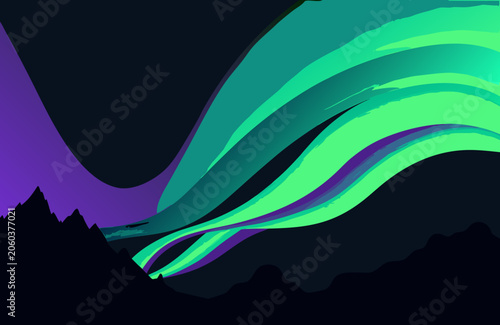 Aurora borealis exhibits flowing teal and purple waves stretching across a deep cosmic canvas, hovering elegantly above dark, jagged mountain silhouettes to inspire wonder in this digital night scene.