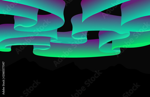 Aurora borealis displays vibrant green and purple light ribbons dancing across the dark night sky above silhouetted mountain ridges, creating a serene atmosphere of natural beauty in the arctic.