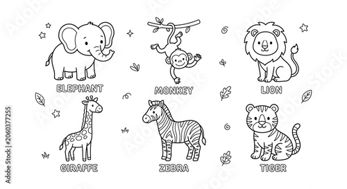 Photography Safari animals vector illustration black and white line art style