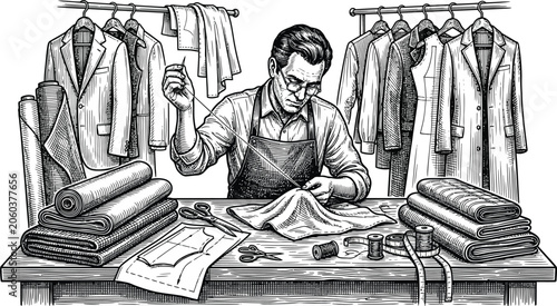Konstfotografi Tailor working at a table with garments sketch style illustration