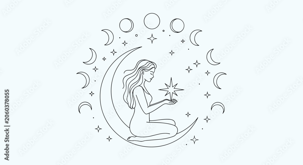 Naklejka premium Mystical line art illustration of a woman sitting on a crescent moon holding a bright star surrounded by moon phases and small stars.